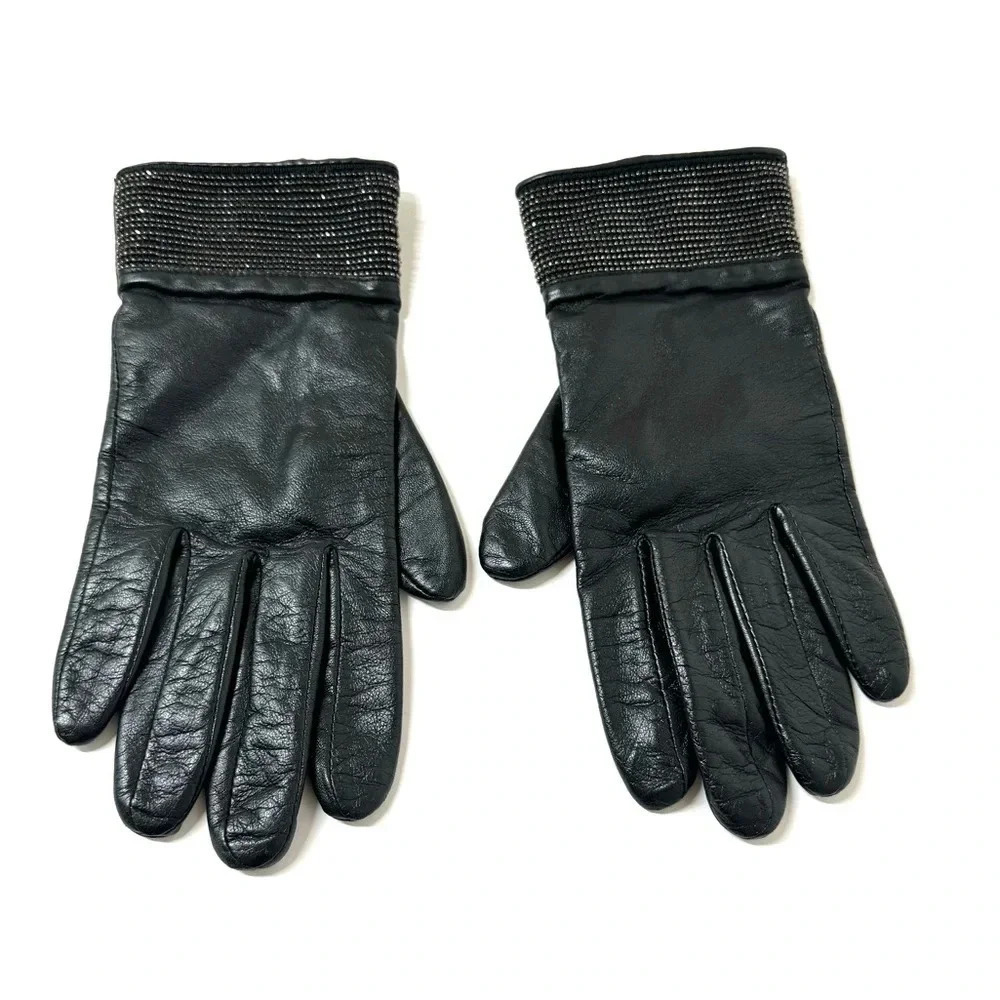 Lauren Ralph Lauren Leather Beaded Black Gloves Size Medium